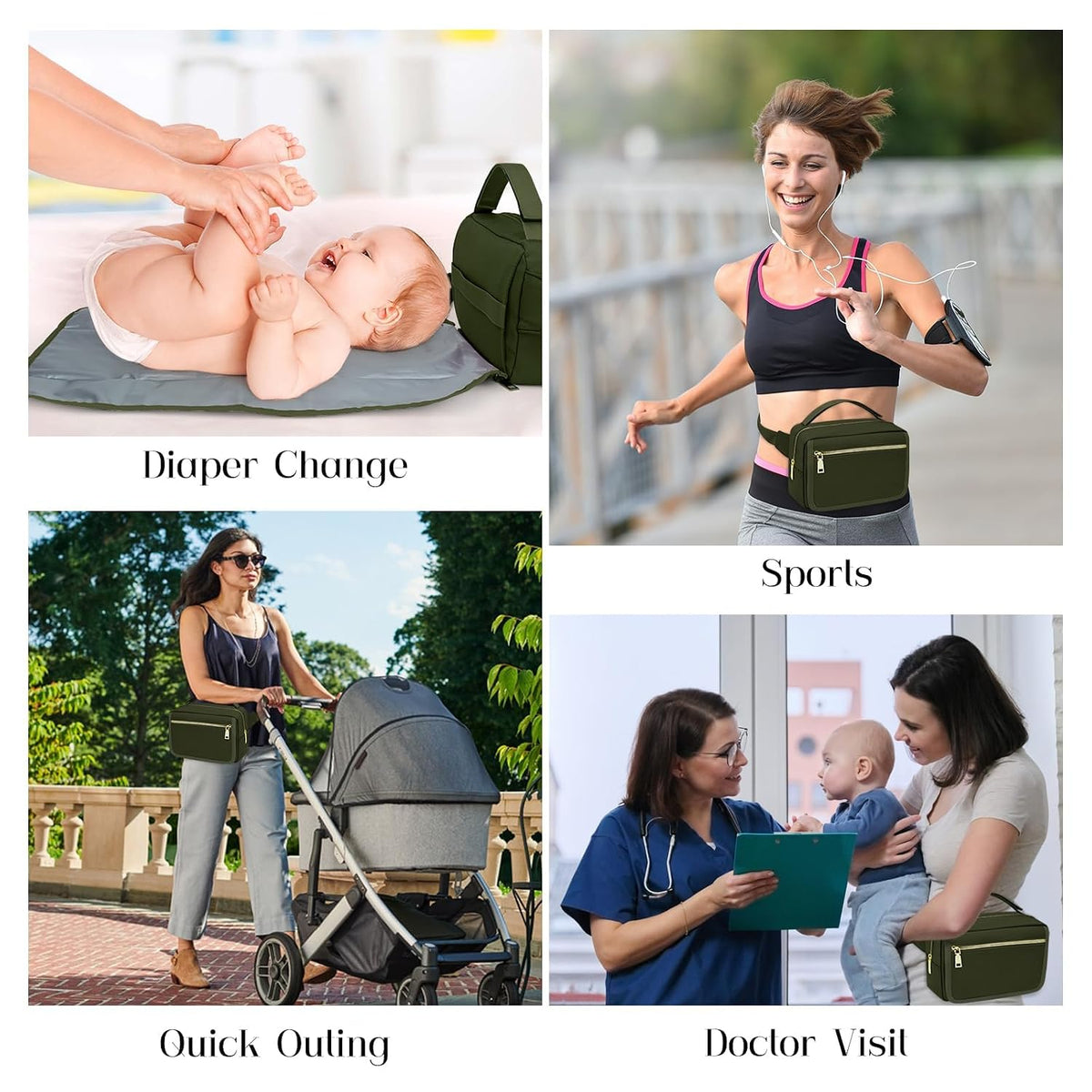 Small Diaper Bag with Portable Changing Pad, Crossbody Diaper Pack with Wipes Pocket, Women Waist Bag for Travel Stroller, Olive Green