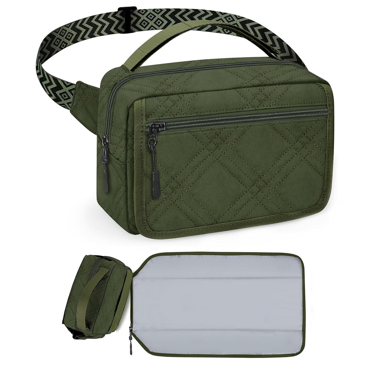 Small Diaper Bag with Portable Changing Pad, Crossbody Diaper Pack with Wipes Pocket, Women Waist Bag for Travel Stroller, Olive Green