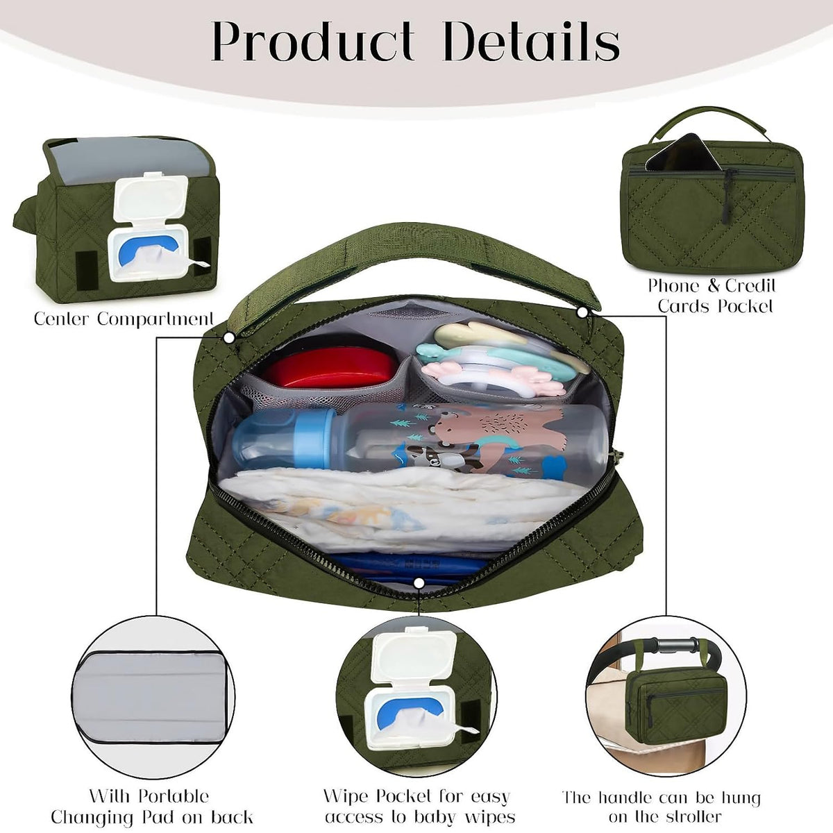 Small Diaper Bag with Portable Changing Pad, Crossbody Diaper Pack with Wipes Pocket, Women Waist Bag for Travel Stroller, Olive Green
