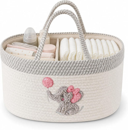 Baby Diaper Caddy Organizer, Changing Table Diaper Caddy Basket, Portable Nursery Car Storage Basket with Removable Divider, Cotton Woven Rope Baskets for Baby Shower Gifts Registry by Name