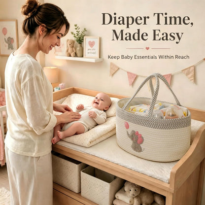 Baby Diaper Caddy Organizer, Changing Table Diaper Caddy Basket, Portable Nursery Car Storage Basket with Removable Divider, Cotton Woven Rope Baskets for Baby Shower Gifts Registry by Name