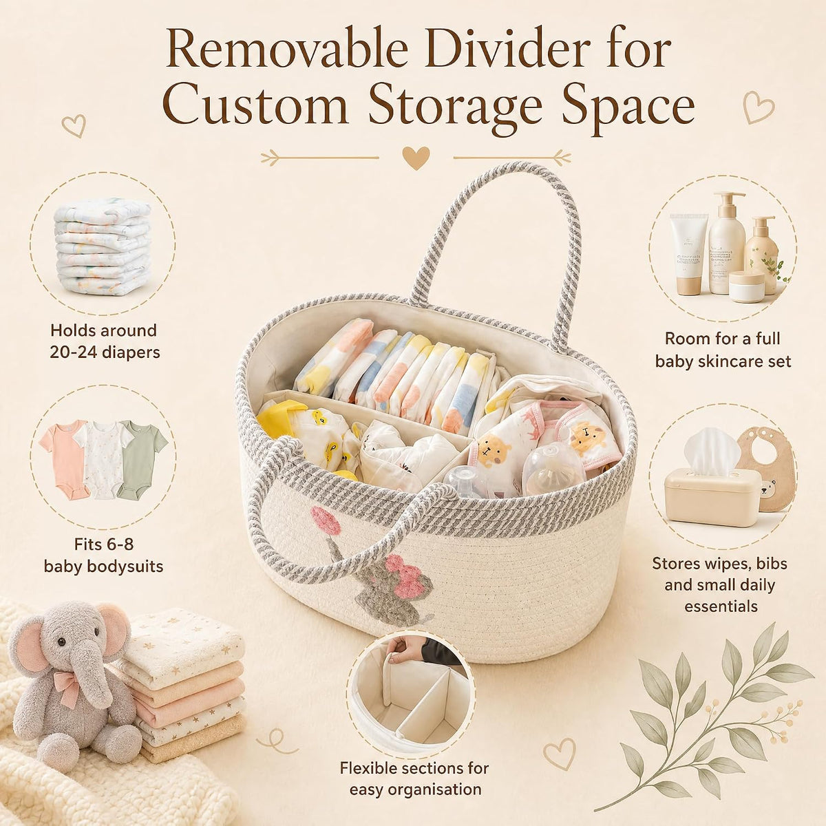 Baby Diaper Caddy Organizer, Changing Table Diaper Caddy Basket, Portable Nursery Car Storage Basket with Removable Divider, Cotton Woven Rope Baskets for Baby Shower Gifts Registry by Name