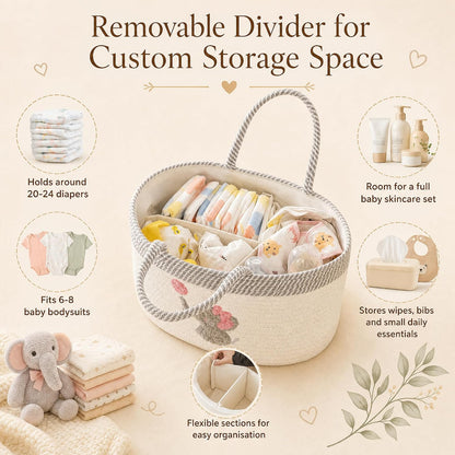 Baby Diaper Caddy Organizer, Changing Table Diaper Caddy Basket, Portable Nursery Car Storage Basket with Removable Divider, Cotton Woven Rope Baskets for Baby Shower Gifts Registry by Name