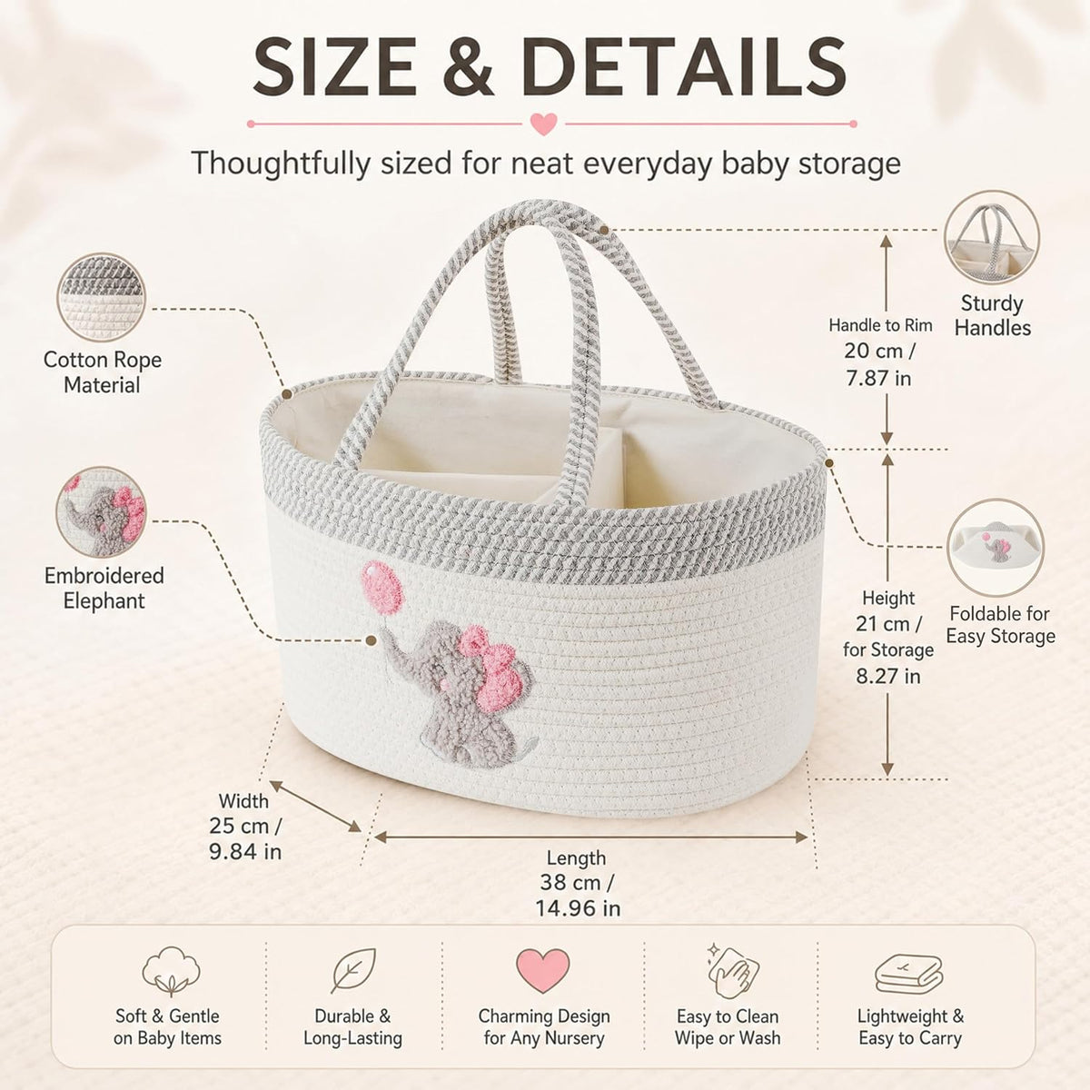 Baby Diaper Caddy Organizer, Changing Table Diaper Caddy Basket, Portable Nursery Car Storage Basket with Removable Divider, Cotton Woven Rope Baskets for Baby Shower Gifts Registry by Name