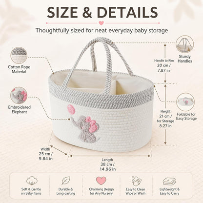 Baby Diaper Caddy Organizer, Changing Table Diaper Caddy Basket, Portable Nursery Car Storage Basket with Removable Divider, Cotton Woven Rope Baskets for Baby Shower Gifts Registry by Name