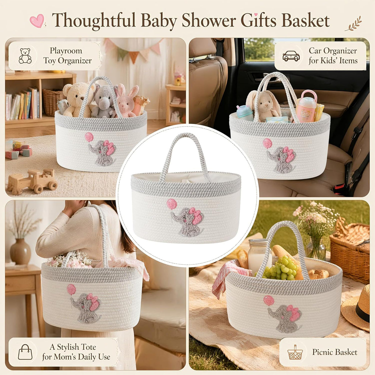 Baby Diaper Caddy Organizer, Changing Table Diaper Caddy Basket, Portable Nursery Car Storage Basket with Removable Divider, Cotton Woven Rope Baskets for Baby Shower Gifts Registry by Name