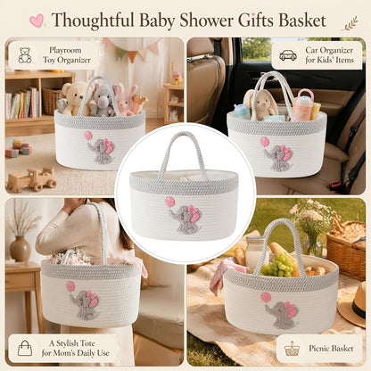 Baby Diaper Caddy Organizer, Changing Table Diaper Caddy Basket, Portable Nursery Car Storage Basket with Removable Divider, Cotton Woven Rope Baskets for Baby Shower Gifts Registry by Name