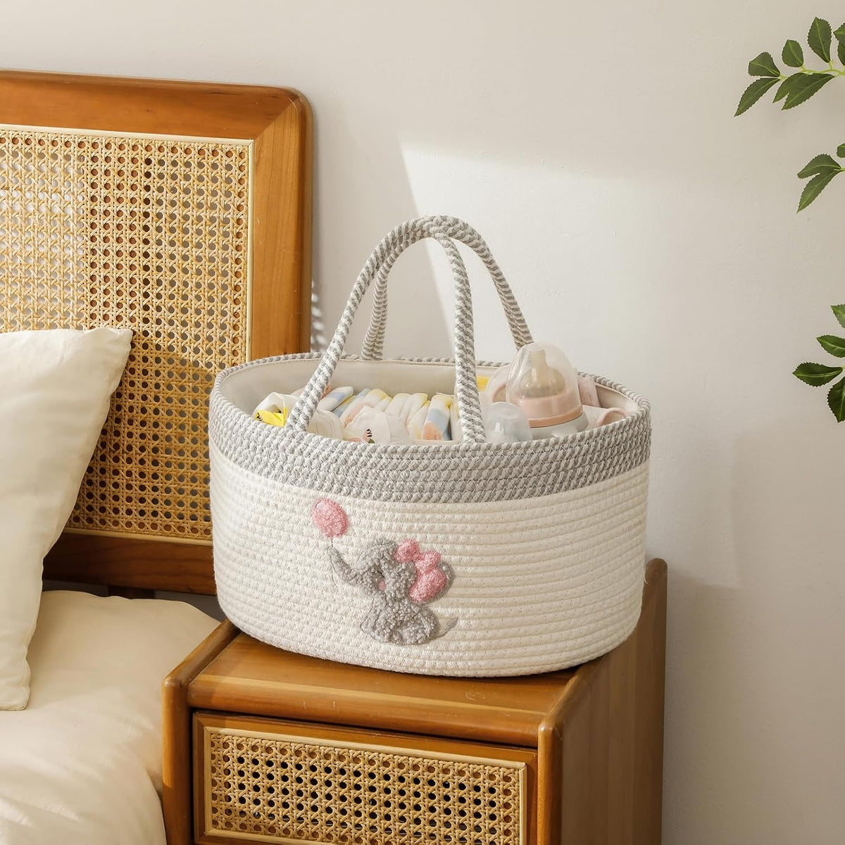 Baby Diaper Caddy Organizer, Changing Table Diaper Caddy Basket, Portable Nursery Car Storage Basket with Removable Divider, Cotton Woven Rope Baskets for Baby Shower Gifts Registry by Name