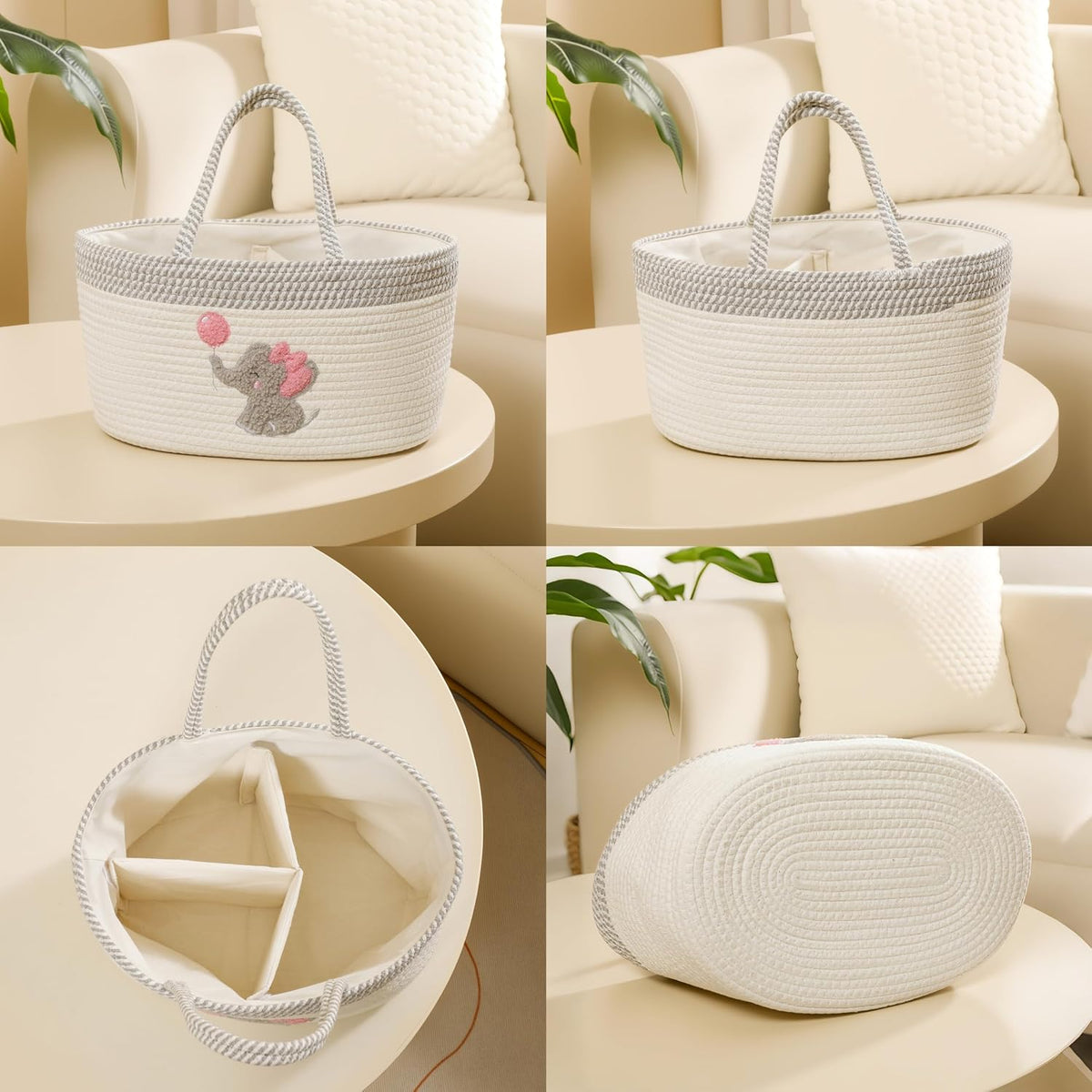 Baby Diaper Caddy Organizer, Changing Table Diaper Caddy Basket, Portable Nursery Car Storage Basket with Removable Divider, Cotton Woven Rope Baskets for Baby Shower Gifts Registry by Name
