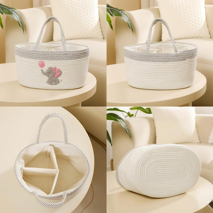 Baby Diaper Caddy Organizer, Changing Table Diaper Caddy Basket, Portable Nursery Car Storage Basket with Removable Divider, Cotton Woven Rope Baskets for Baby Shower Gifts Registry by Name