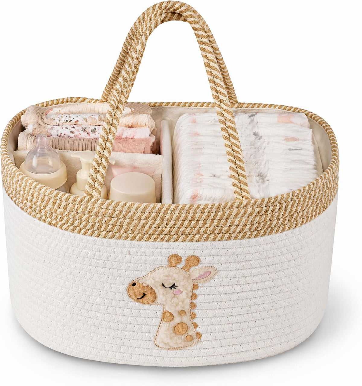 Baby Diaper Caddy Organizer, Changing Table Diaper Caddy Basket, Portable Nursery Car Storage Basket with Removable Divider, Cotton Woven Rope Baskets for Baby Shower Gifts Registry by Name