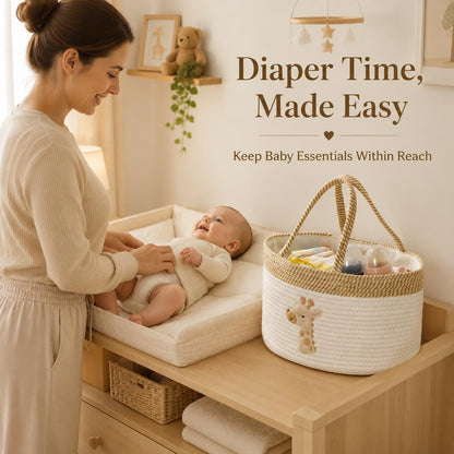 Baby Diaper Caddy Organizer, Changing Table Diaper Caddy Basket, Portable Nursery Car Storage Basket with Removable Divider, Cotton Woven Rope Baskets for Baby Shower Gifts Registry by Name