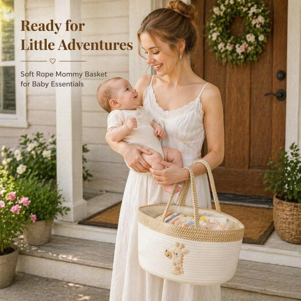Baby Diaper Caddy Organizer, Changing Table Diaper Caddy Basket, Portable Nursery Car Storage Basket with Removable Divider, Cotton Woven Rope Baskets for Baby Shower Gifts Registry by Name