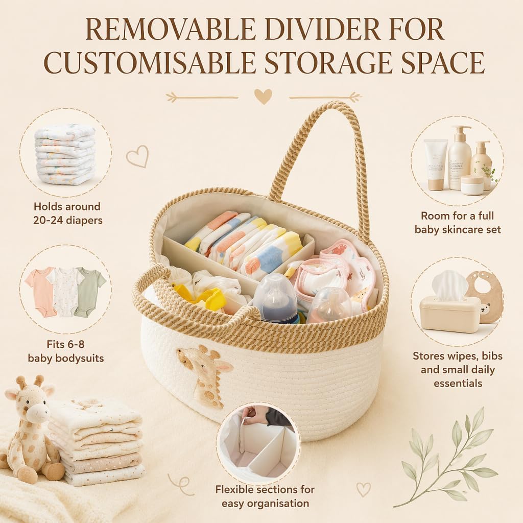 Baby Diaper Caddy Organizer, Changing Table Diaper Caddy Basket, Portable Nursery Car Storage Basket with Removable Divider, Cotton Woven Rope Baskets for Baby Shower Gifts Registry by Name