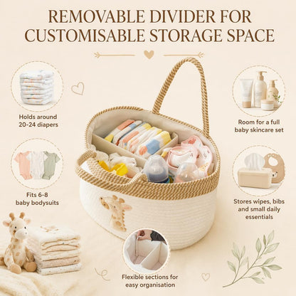 Baby Diaper Caddy Organizer, Changing Table Diaper Caddy Basket, Portable Nursery Car Storage Basket with Removable Divider, Cotton Woven Rope Baskets for Baby Shower Gifts Registry by Name