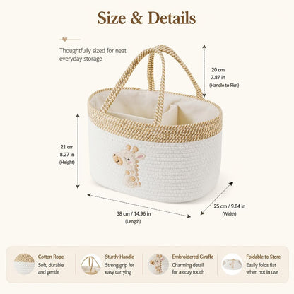 Baby Diaper Caddy Organizer, Changing Table Diaper Caddy Basket, Portable Nursery Car Storage Basket with Removable Divider, Cotton Woven Rope Baskets for Baby Shower Gifts Registry by Name