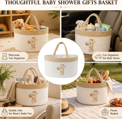 Baby Diaper Caddy Organizer, Changing Table Diaper Caddy Basket, Portable Nursery Car Storage Basket with Removable Divider, Cotton Woven Rope Baskets for Baby Shower Gifts Registry by Name