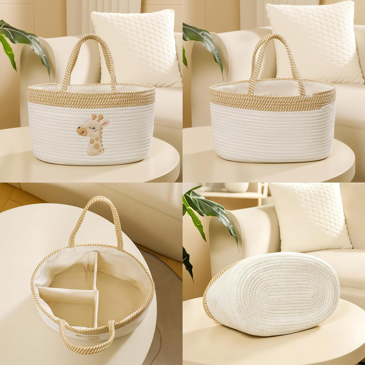 Baby Diaper Caddy Organizer, Changing Table Diaper Caddy Basket, Portable Nursery Car Storage Basket with Removable Divider, Cotton Woven Rope Baskets for Baby Shower Gifts Registry by Name