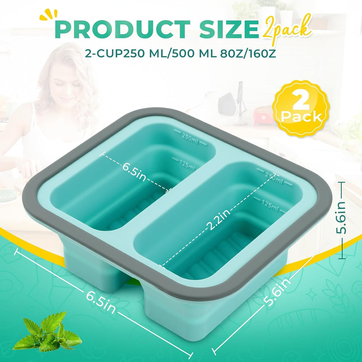 Silicone Freezer Molds with Lids, 2-Cup Soup Container for Freezer Silicon Soup Portion Freeze Trays Ideal for Frozen Broth, Leftovers & Meal Prep, BPA Free 2-Pack-Blue