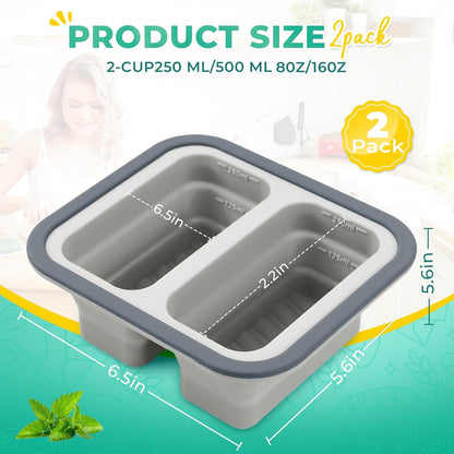 Silicone Freezer Molds with Lids, 2-Cup Soup Container for Freezer Silicon Soup Portion Freeze Trays Ideal for Frozen Broth, Leftovers & Meal Prep, BPA Free 2-Pack-Blue