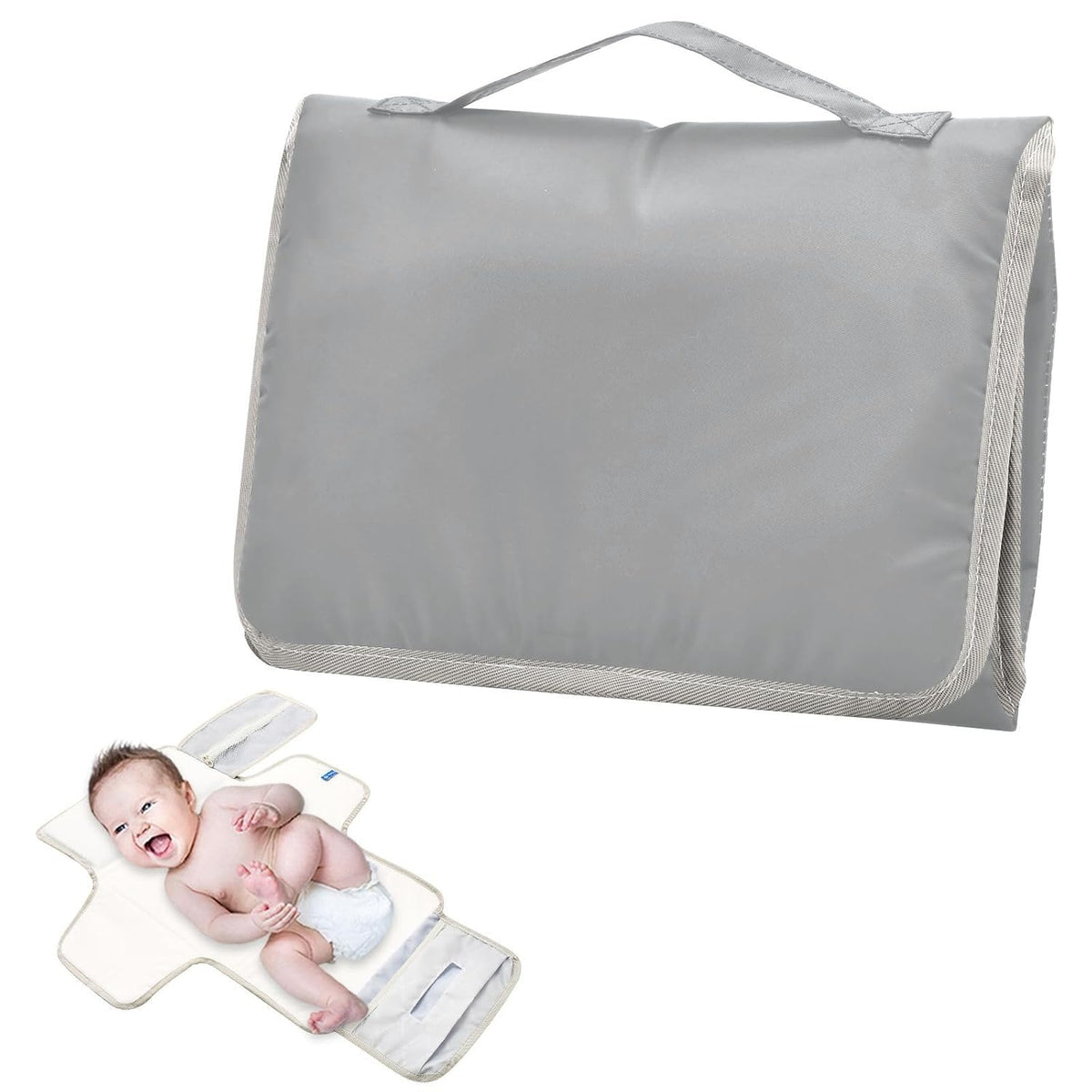 Sport Gray Portable Diaper Changing Pad, Waterproof Baby Changing Mat with Storage Pocket & Built-in Pillow, Foldable Travel Pad, Newborn Gift Set for Boy Girl
