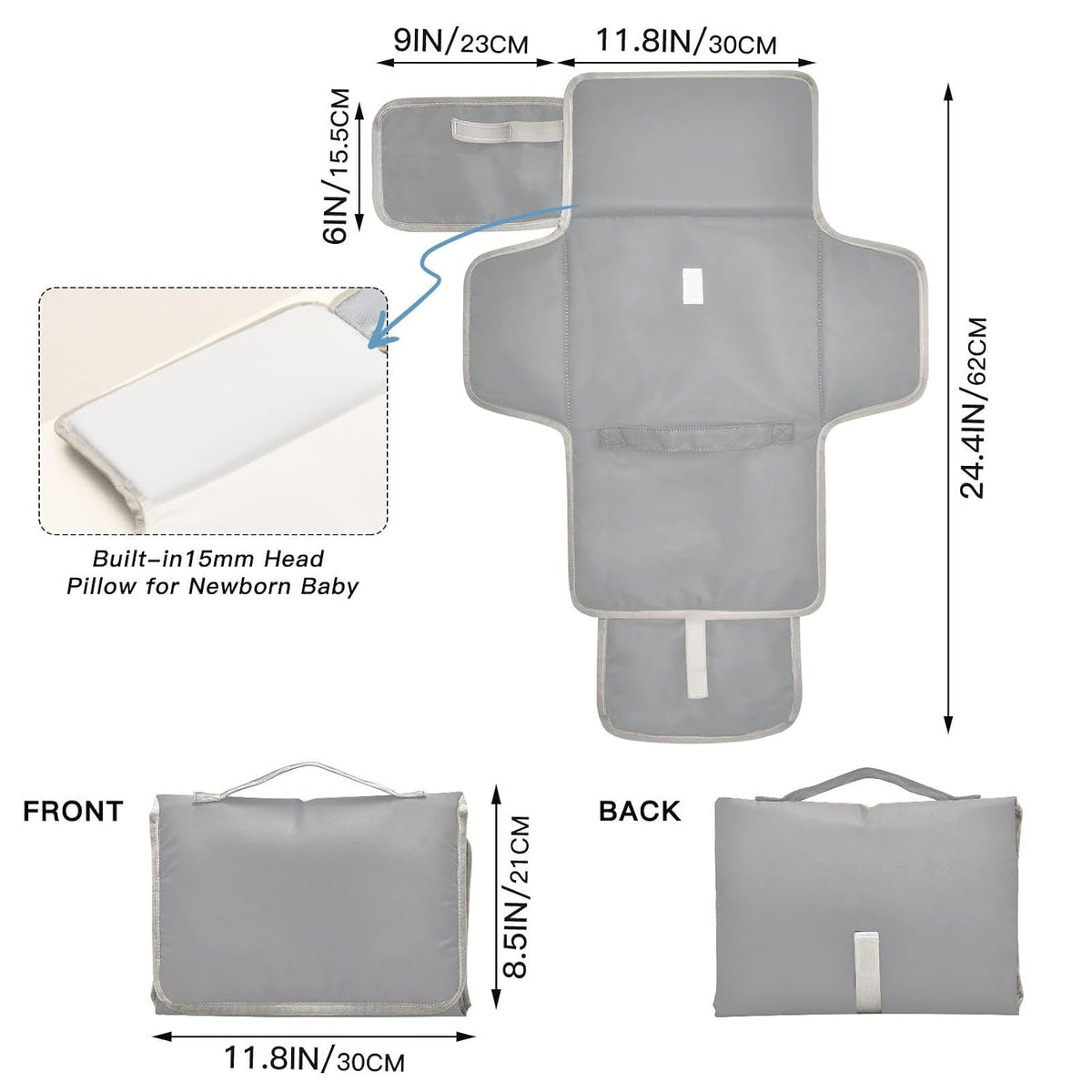 Sport Gray Portable Diaper Changing Pad, Waterproof Baby Changing Mat with Storage Pocket & Built-in Pillow, Foldable Travel Pad, Newborn Gift Set for Boy Girl