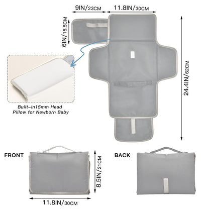 Sport Gray Portable Diaper Changing Pad, Waterproof Baby Changing Mat with Storage Pocket & Built-in Pillow, Foldable Travel Pad, Newborn Gift Set for Boy Girl