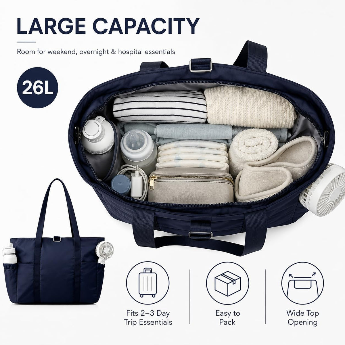 Travel Bags for Women, 26L Capacity Travel Bag, Small Zipper Tote Bag for Work Every Day, Lightweight Shoulder Handbag Hospital Overnight Weekender Bag Travel Essentials