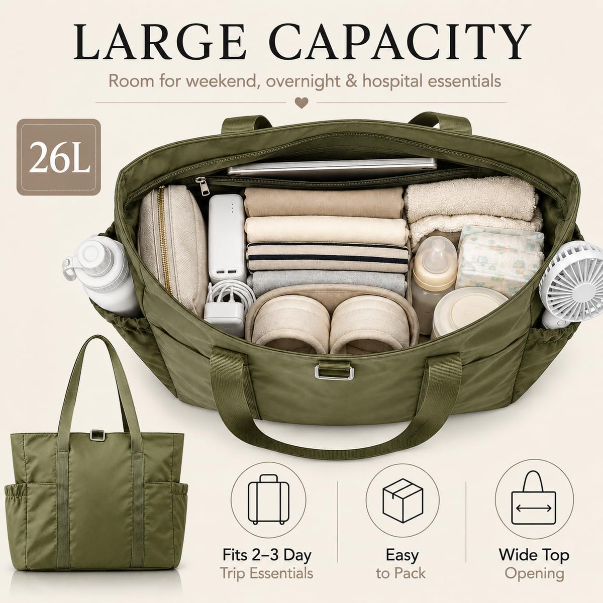 Travel Bags for Women, 26L Capacity Travel Bag, Small Zipper Tote Bag for Work Every Day, Lightweight Shoulder Handbag Hospital Overnight Weekender Bag Travel Essentials