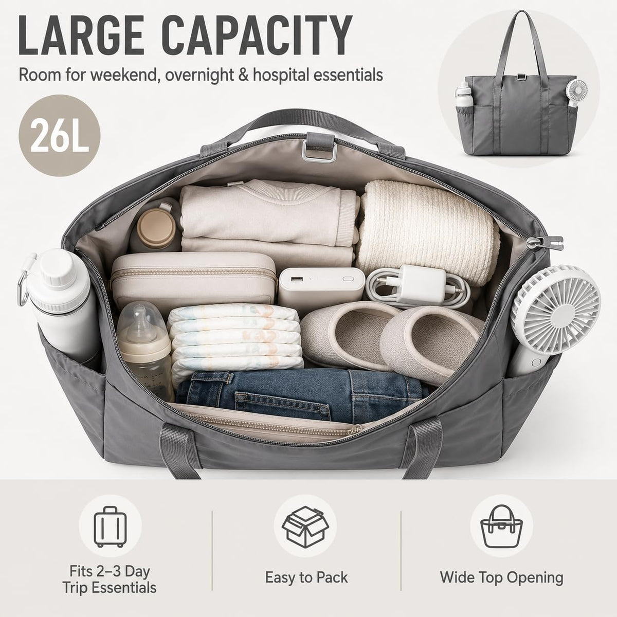 Travel Bags for Women, 26L Capacity Travel Bag, Small Zipper Tote Bag for Work Every Day, Lightweight Shoulder Handbag Hospital Overnight Weekender Bag Travel Essentials