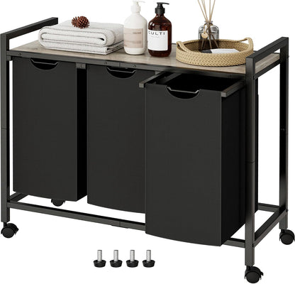 Laundry Hamper, Laundry Basket, Laundry Sorter with 3 Pull-Out and Removable Bags, Shelf, Laundry Room Storage with Table, for Bathroom, Bedroom, 3 x 11.5 Gal (43.4L), Rustic Brown