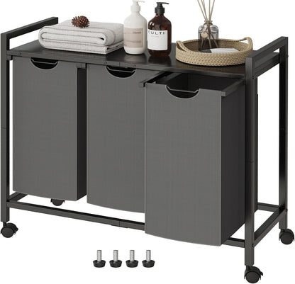 Laundry Hamper, Laundry Basket, Laundry Sorter with 3 Pull-Out and Removable Bags, Shelf, Laundry Room Storage with Table, for Bathroom, Bedroom, 3 x 11.5 Gal (43.4L), Rustic Brown