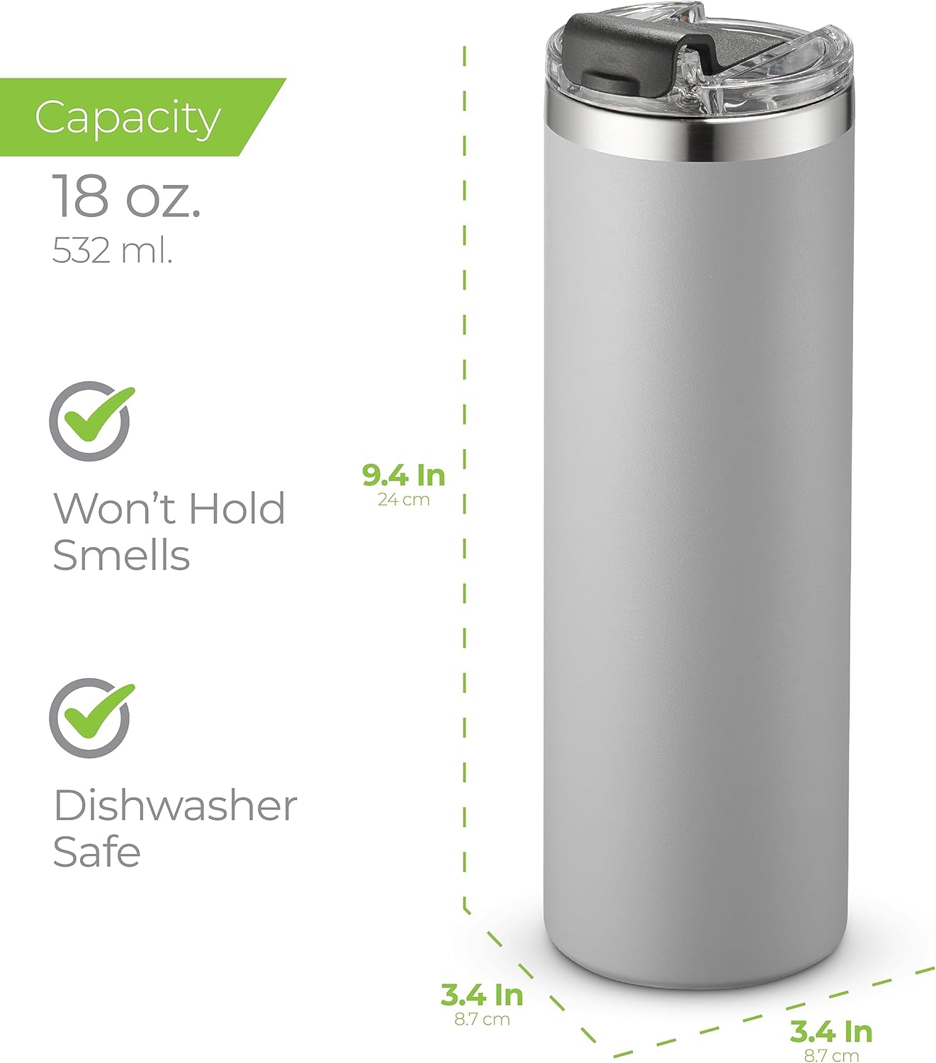 ™ 18 oz Slim Insulated Tumbler with Lid & Straw – Vacuum Insulated Stainless Steel, Leakproof, Cupholder Friendly – Perfect for Iced Coffee, Water & Travel – Lava Grey