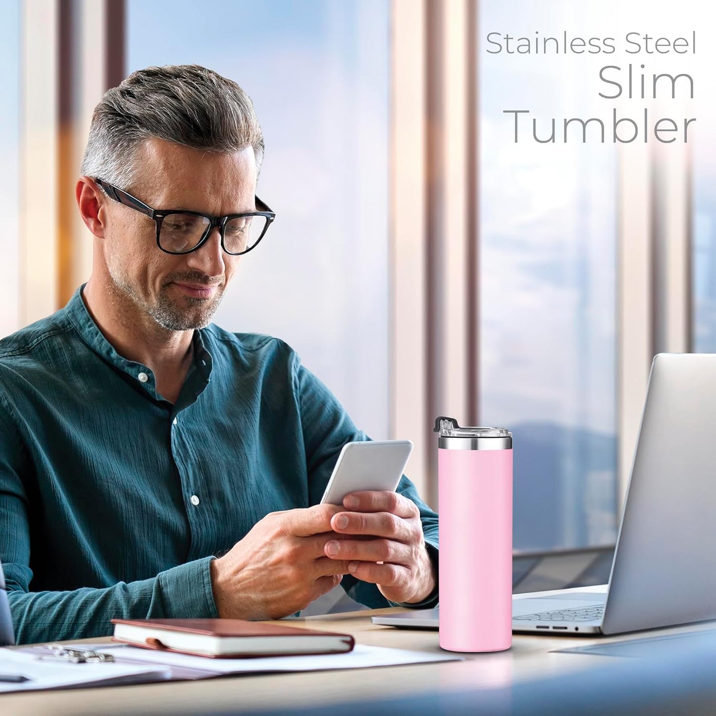 ™ 18 oz Slim Insulated Tumbler with Lid & Straw – Vacuum Insulated Stainless Steel, Leakproof, Cupholder Friendly – Perfect for Iced Coffee, Water & Travel – Lava Grey