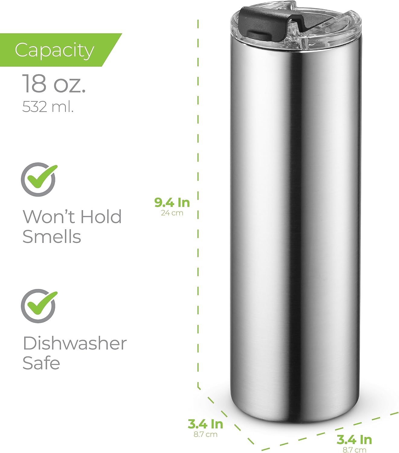 ™ 18 oz Slim Insulated Tumbler with Lid & Straw – Vacuum Insulated Stainless Steel, Leakproof, Cupholder Friendly – Perfect for Iced Coffee, Water & Travel – Lava Grey
