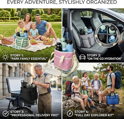4 Compartment Drink Bag, Multiple Tumbler Carrier Caddy | Insulated Drink Caddy, Adjustable Shoulder Strap, Portable Beverage Tote for Picnics, Hiking & Daily Use
