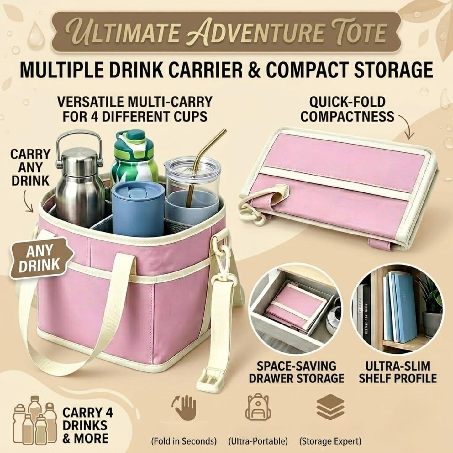 4 Compartment Drink Bag, Multiple Tumbler Carrier Caddy | Insulated Drink Caddy, Adjustable Shoulder Strap, Portable Beverage Tote for Picnics, Hiking & Daily Use