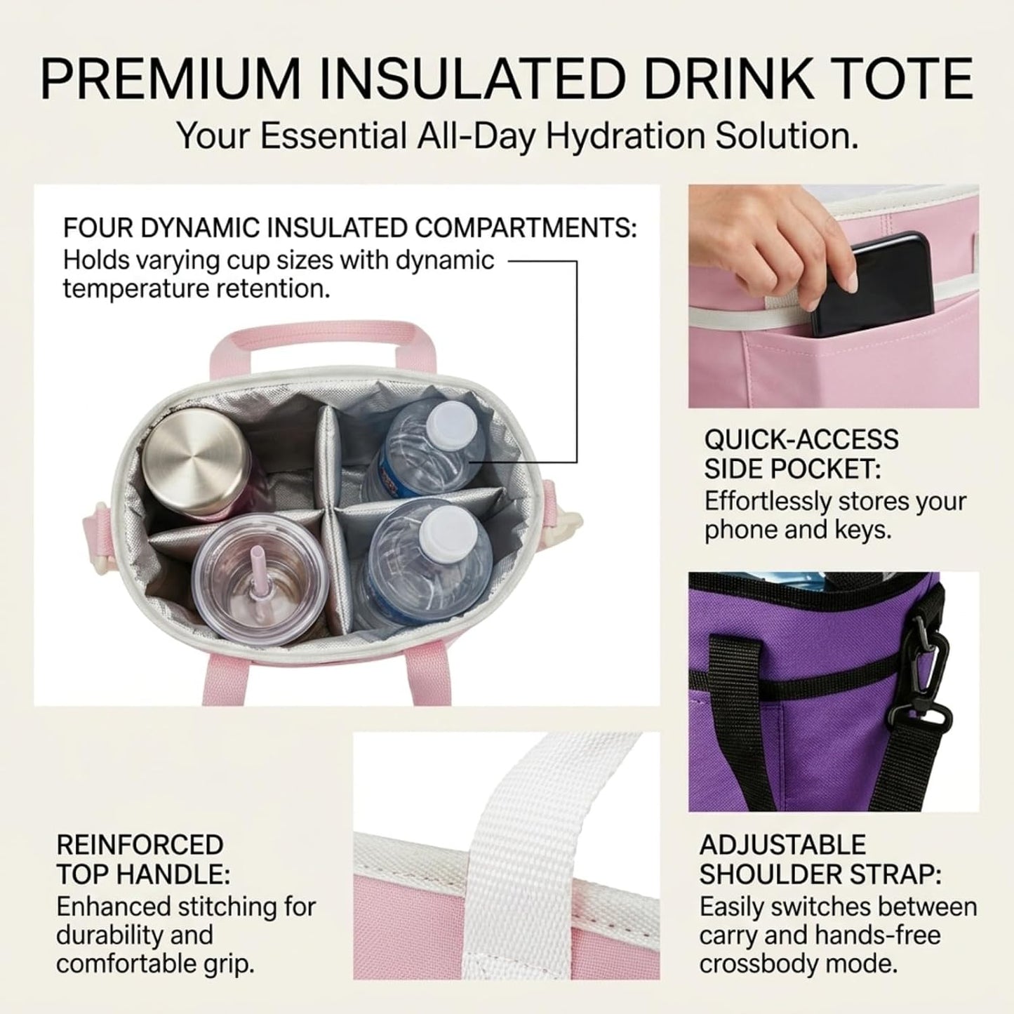 4 Compartment Drink Bag, Multiple Tumbler Carrier Caddy | Insulated Drink Caddy, Adjustable Shoulder Strap, Portable Beverage Tote for Picnics, Hiking & Daily Use