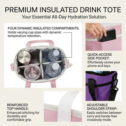 4 Compartment Drink Bag, Multiple Tumbler Carrier Caddy | Insulated Drink Caddy, Adjustable Shoulder Strap, Portable Beverage Tote for Picnics, Hiking & Daily Use