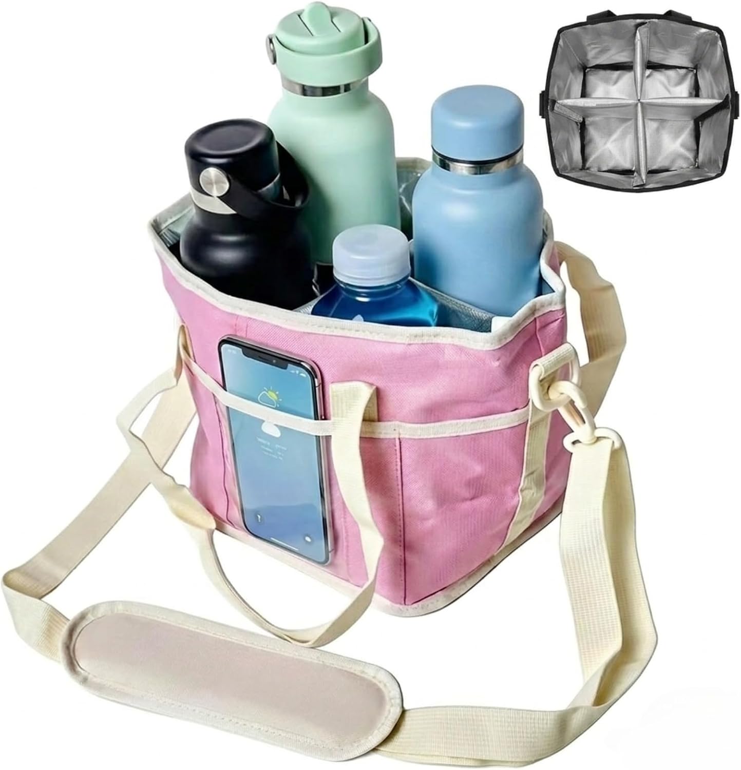 4 Compartment Drink Bag, Multiple Tumbler Carrier Caddy | Insulated Drink Caddy, Adjustable Shoulder Strap, Portable Beverage Tote for Picnics, Hiking & Daily Use