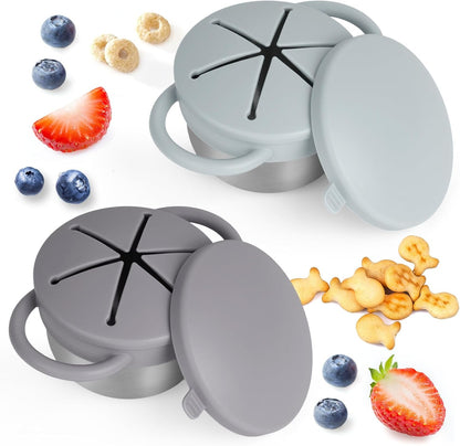 2 Pack Snack Cups for Toddlers Spill Proof - Detachable Stainless Steel Toddler Snack Cups with Silicone Lids & Handles - Dishwasher Safe Snack Container for Mess-Free Snacking（Blue-purple and Green)