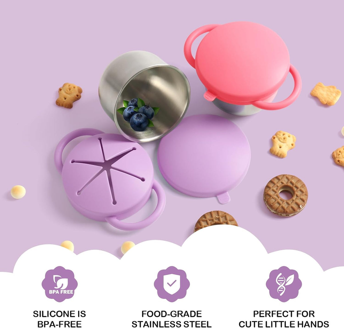 2 Pack Snack Cups for Toddlers Spill Proof - Detachable Stainless Steel Toddler Snack Cups with Silicone Lids & Handles - Dishwasher Safe Snack Container for Mess-Free Snacking（Blue-purple and Green)