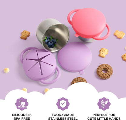 2 Pack Snack Cups for Toddlers Spill Proof - Detachable Stainless Steel Toddler Snack Cups with Silicone Lids & Handles - Dishwasher Safe Snack Container for Mess-Free Snacking（Blue-purple and Green)