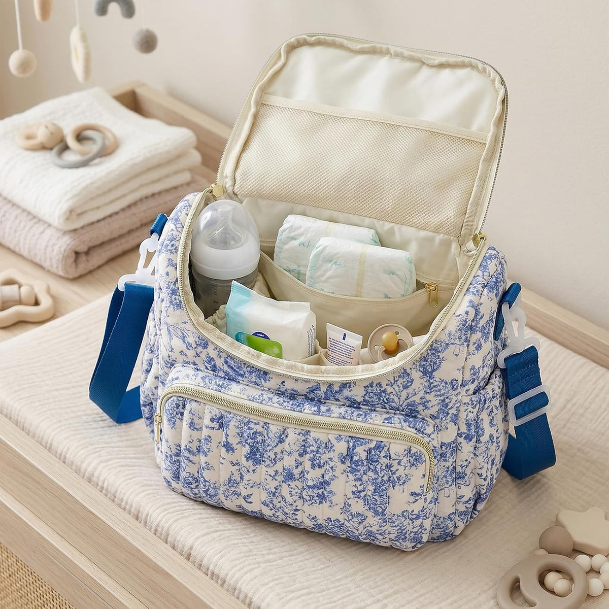 Quilted Stroller Bag, Floral Diaper Bag with Insulated Pocket
