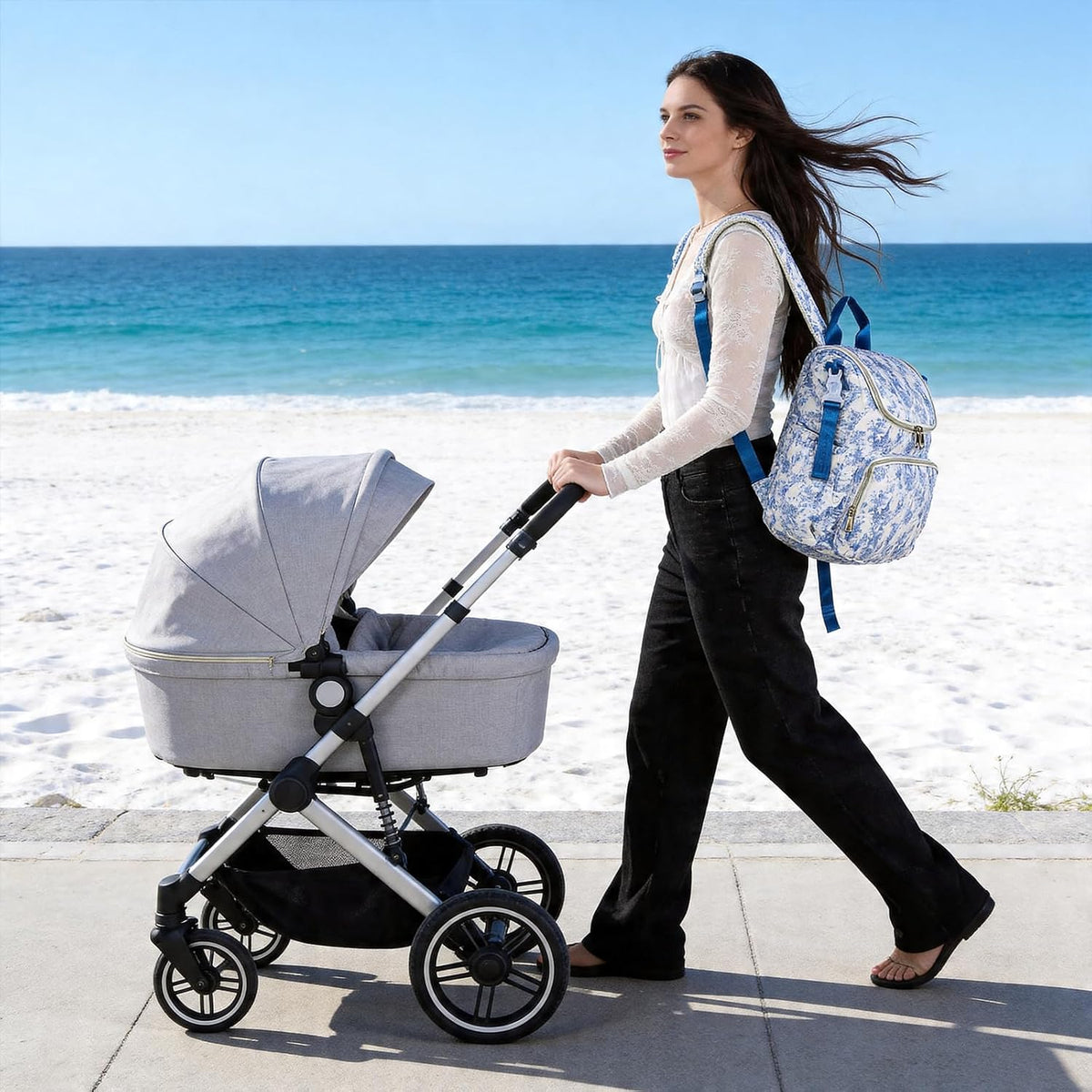 Quilted Stroller Bag, Floral Diaper Bag with Insulated Pocket