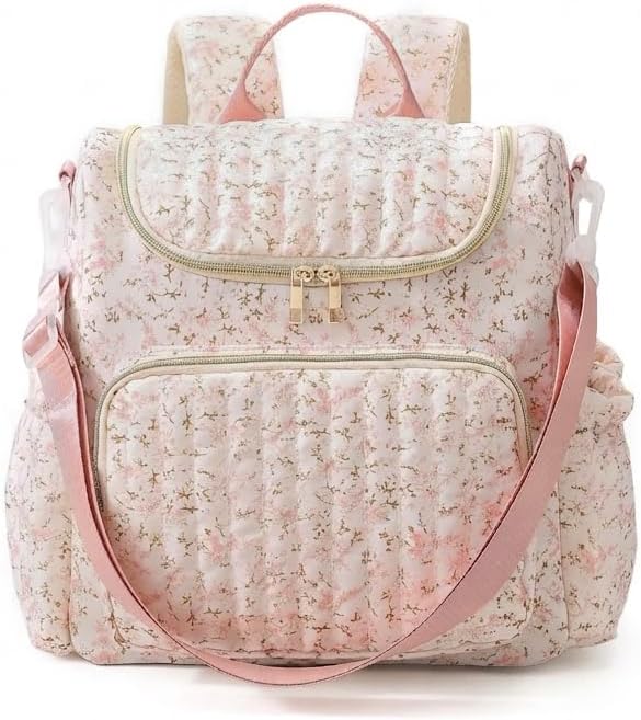 Quilted Stroller Bag, Floral Diaper Bag with Insulated Pocket