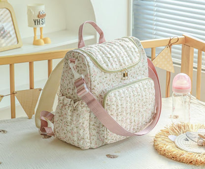 Quilted Stroller Bag, Floral Diaper Bag with Insulated Pocket
