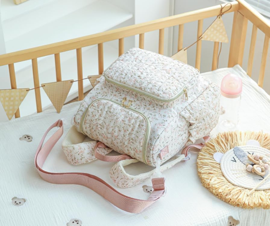 Quilted Stroller Bag, Floral Diaper Bag with Insulated Pocket