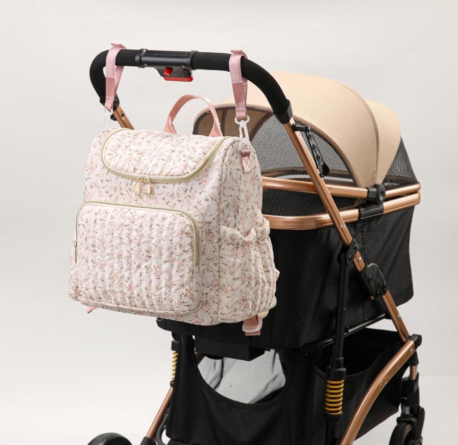 Quilted Stroller Bag, Floral Diaper Bag with Insulated Pocket