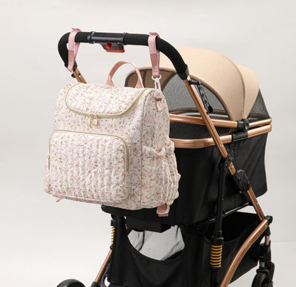 Quilted Stroller Bag, Floral Diaper Bag with Insulated Pocket